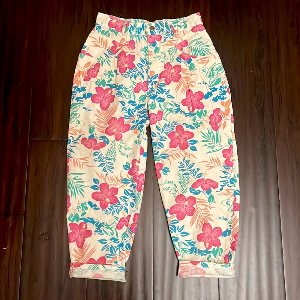 COPY - Vintage cotton 80s pleated tropical print high waisted pants.